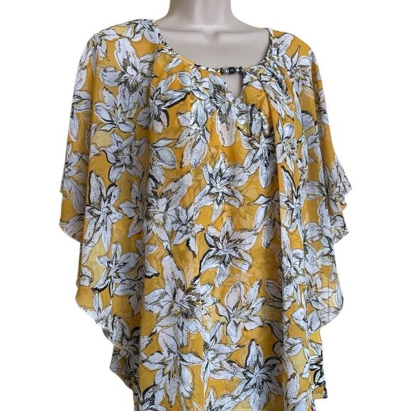 Notations Yellow /black floral Flutter Sleeve Tunic 2 Layers Sheer Sz3X beads - Picture 2 of 6
